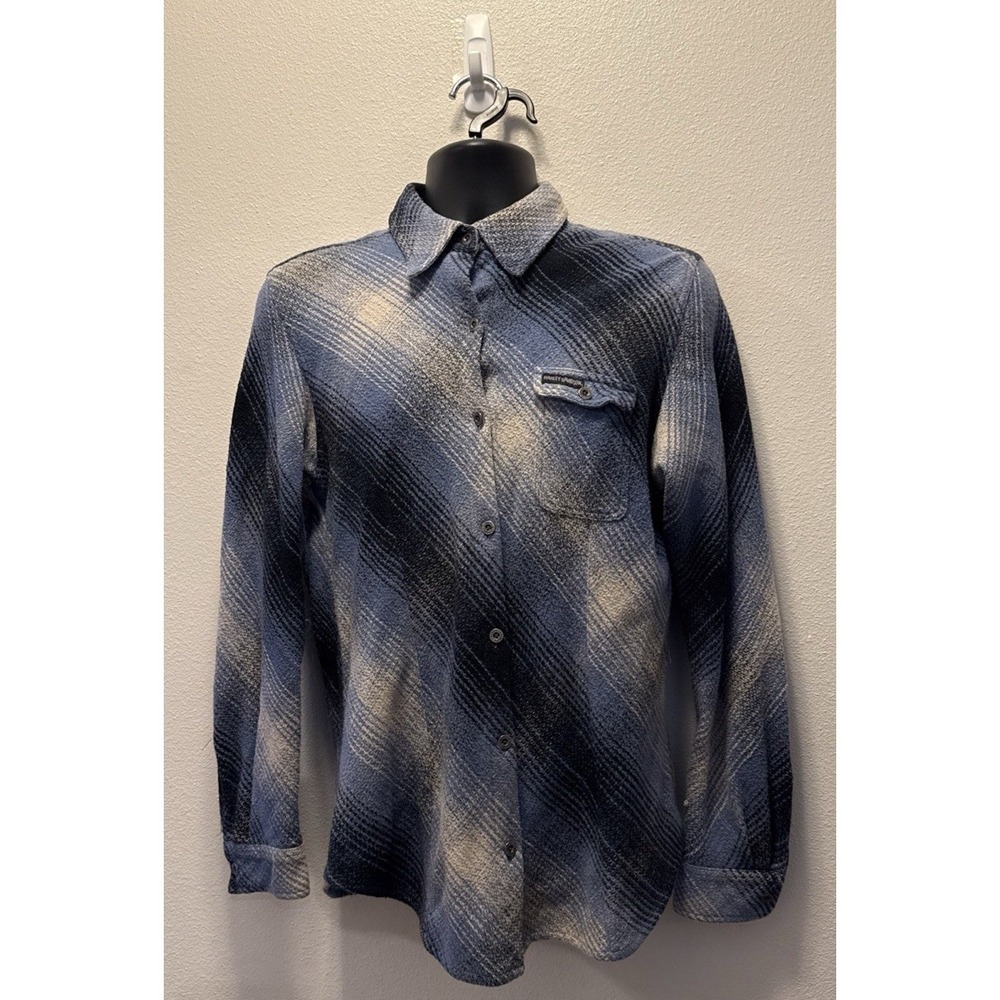 Trendy Harley Davidson Blue Plaid Button Down Shacket Woman's Size L